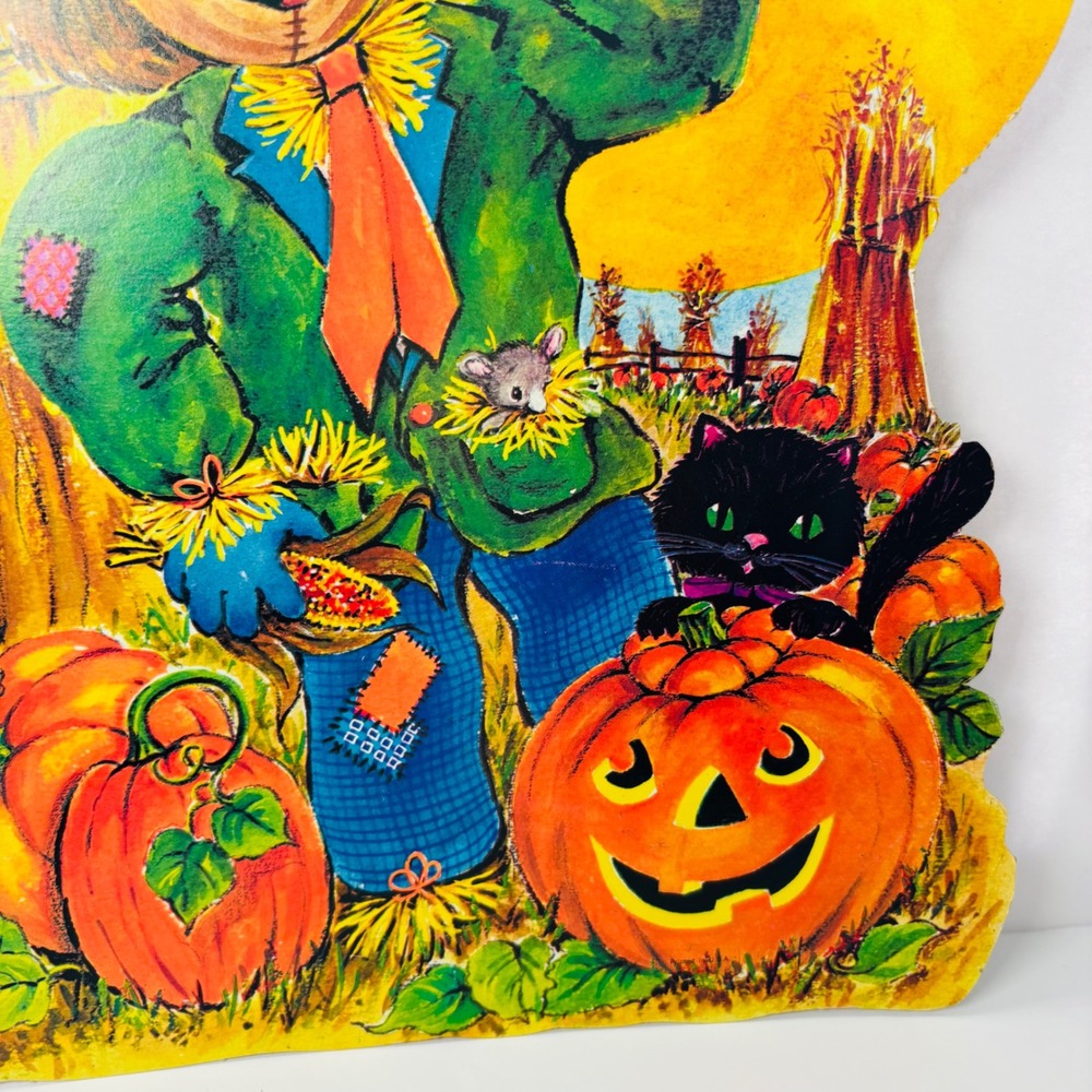 Vintage 1970's Die Cut Halloween Decoration Scarecrow Moon Cat Jack-O-Lantern - Picture 5 of 6